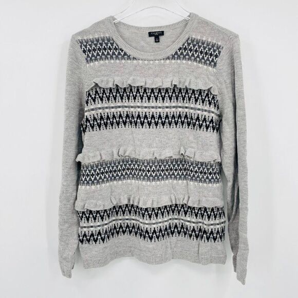 Talbots Petites Size Large Gray Fair Aisle Ruffled Lambswool Crewneck Sweater - Picture 1 of 7